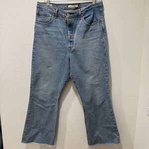 Levis Ribcage Crop Flare Jeans Size 32 Blue Womens High Rise Raw Hem Stretch